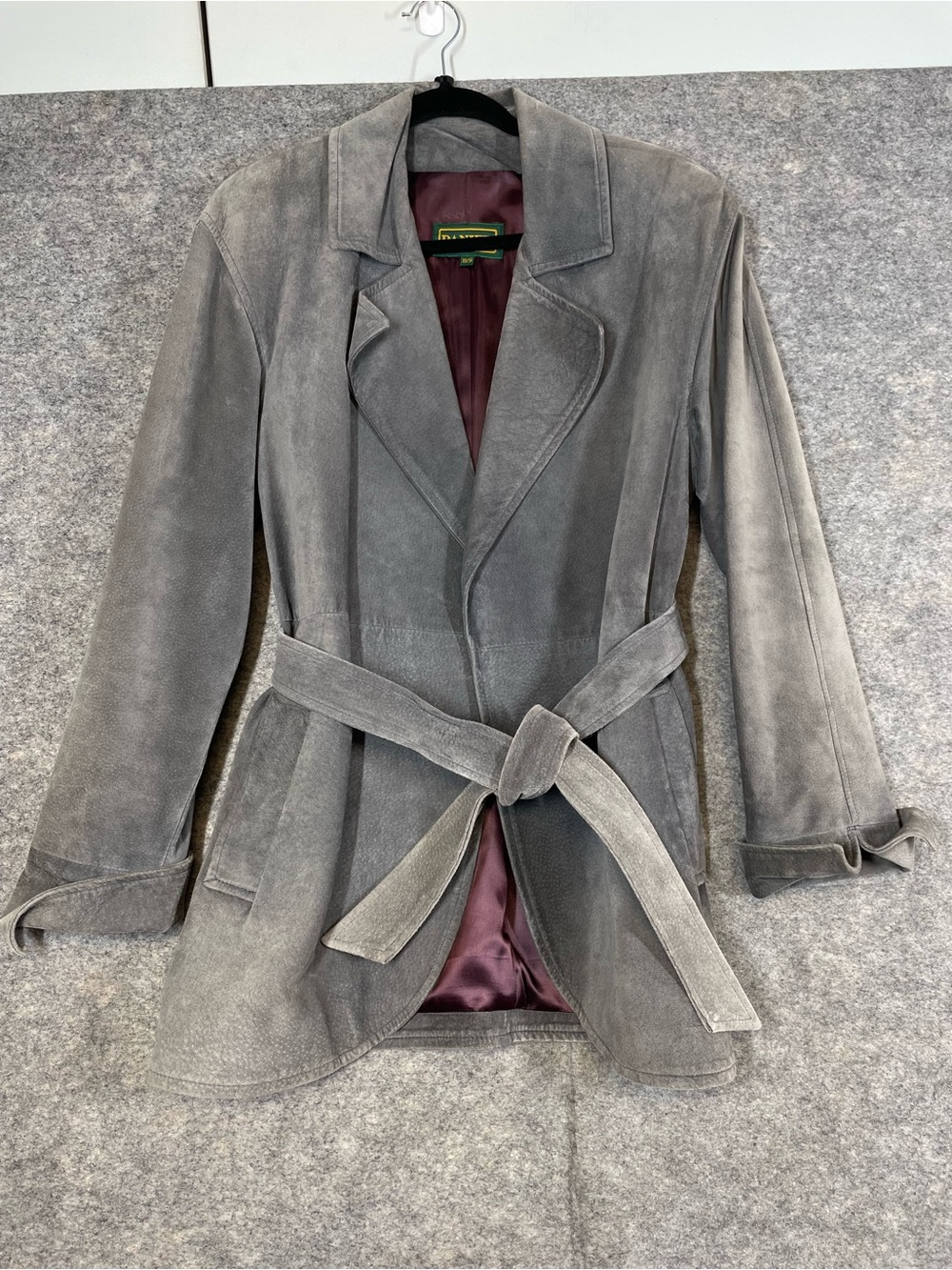 Danier Grey Suede Leather Open Front Coat XS Belted 90s Minimalist Quiet Luxury